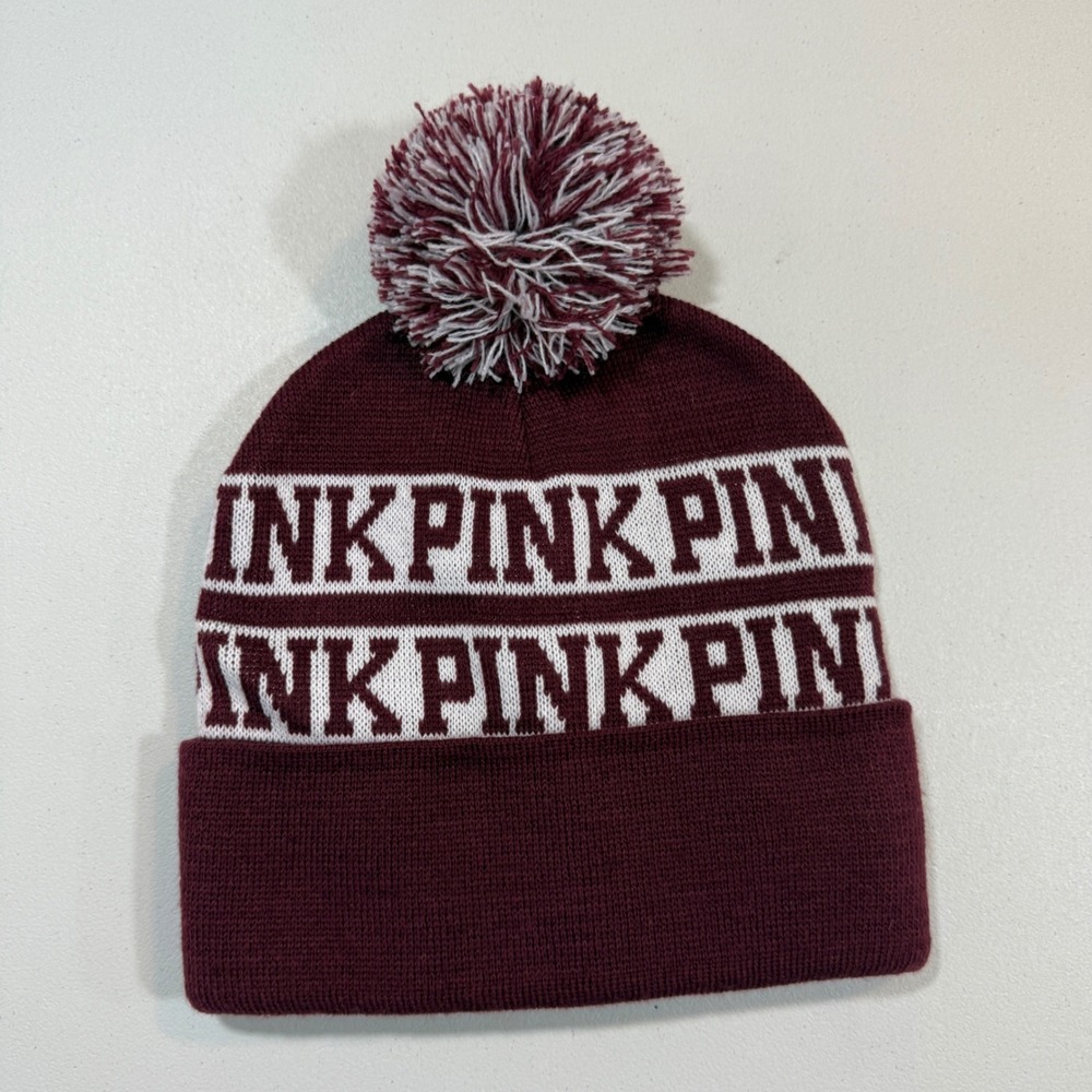 Victorias Secret PINK Womens Beanie OS Maroon Logo Pom Pom Knit Hat Casual